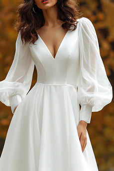 Ivory A Line V-Neck Long Sleeves Sweep Train Wedding Dress