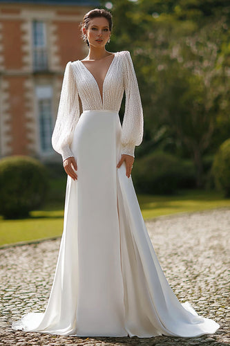Sparkly Ivory Chiffon V-Neck Sweep Train Wedding Dress with Sleeves