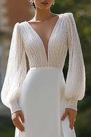 Load image into Gallery viewer, Sparkly Ivory Chiffon V-Neck Sweep Train Wedding Dress with Sleeves