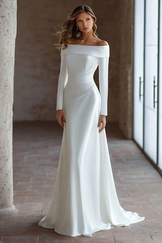 Ivory Satin A Line Off The Shoulder Sweep Train Wedding Dress with Sleeves