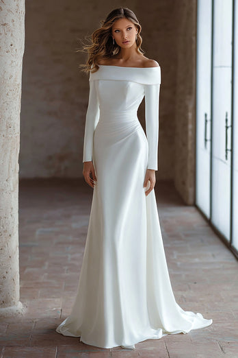 Ivory Satin A Line Off The Shoulder Sweep Train Wedding Dress with Sleeves