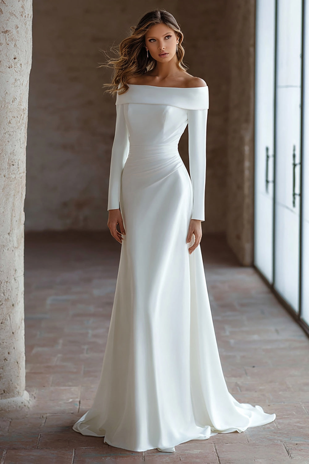 Ivory Satin A Line Off The Shoulder Sweep Train Wedding Dress with Sleeves