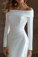 Load image into Gallery viewer, Ivory Satin A Line Off The Shoulder Sweep Train Wedding Dress with Sleeves
