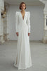 Load image into Gallery viewer, Ivory Sheath V-Neck Ruched Long Sleeves Sweep Train Wedding Dress