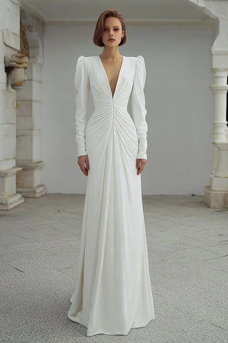 Ivory Sheath V-Neck Ruched Long Sleeves Sweep Train Wedding Dress