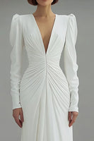Load image into Gallery viewer, Ivory Sheath V-Neck Ruched Long Sleeves Sweep Train Wedding Dress