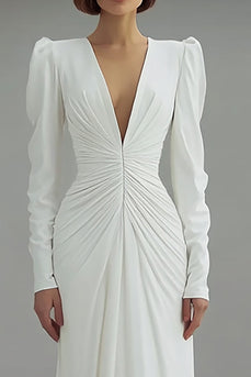 Ivory Sheath V-Neck Ruched Long Sleeves Sweep Train Wedding Dress