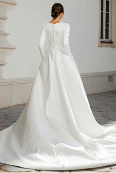 Ivory A Line Jacquard Ball Gown Sweep Train Wedding Dress with Sleeves