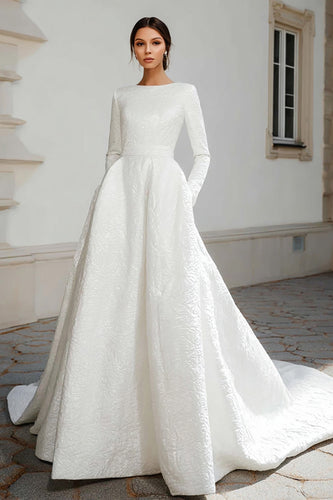 Ivory A Line Jacquard Ball Gown Sweep Train Wedding Dress with Sleeves