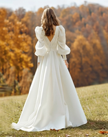 Load image into Gallery viewer, Ivory Satin A Line V-Neck Ruched Long Sleeves Sweep Train Wedding Dress