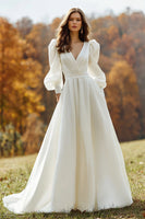 Load image into Gallery viewer, Ivory Satin A Line V-Neck Ruched Long Sleeves Sweep Train Wedding Dress