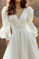 Load image into Gallery viewer, Ivory Satin A Line V-Neck Ruched Long Sleeves Sweep Train Wedding Dress