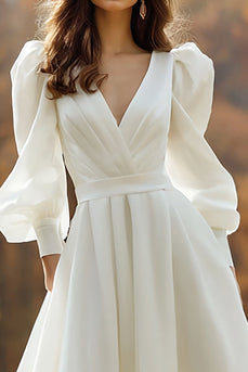 Ivory Satin A Line V-Neck Ruched Long Sleeves Sweep Train Wedding Dress
