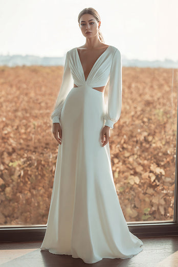 Ivory Sheath V-Neck Cut Out Long Sleeves Sweep Train Wedding Dress