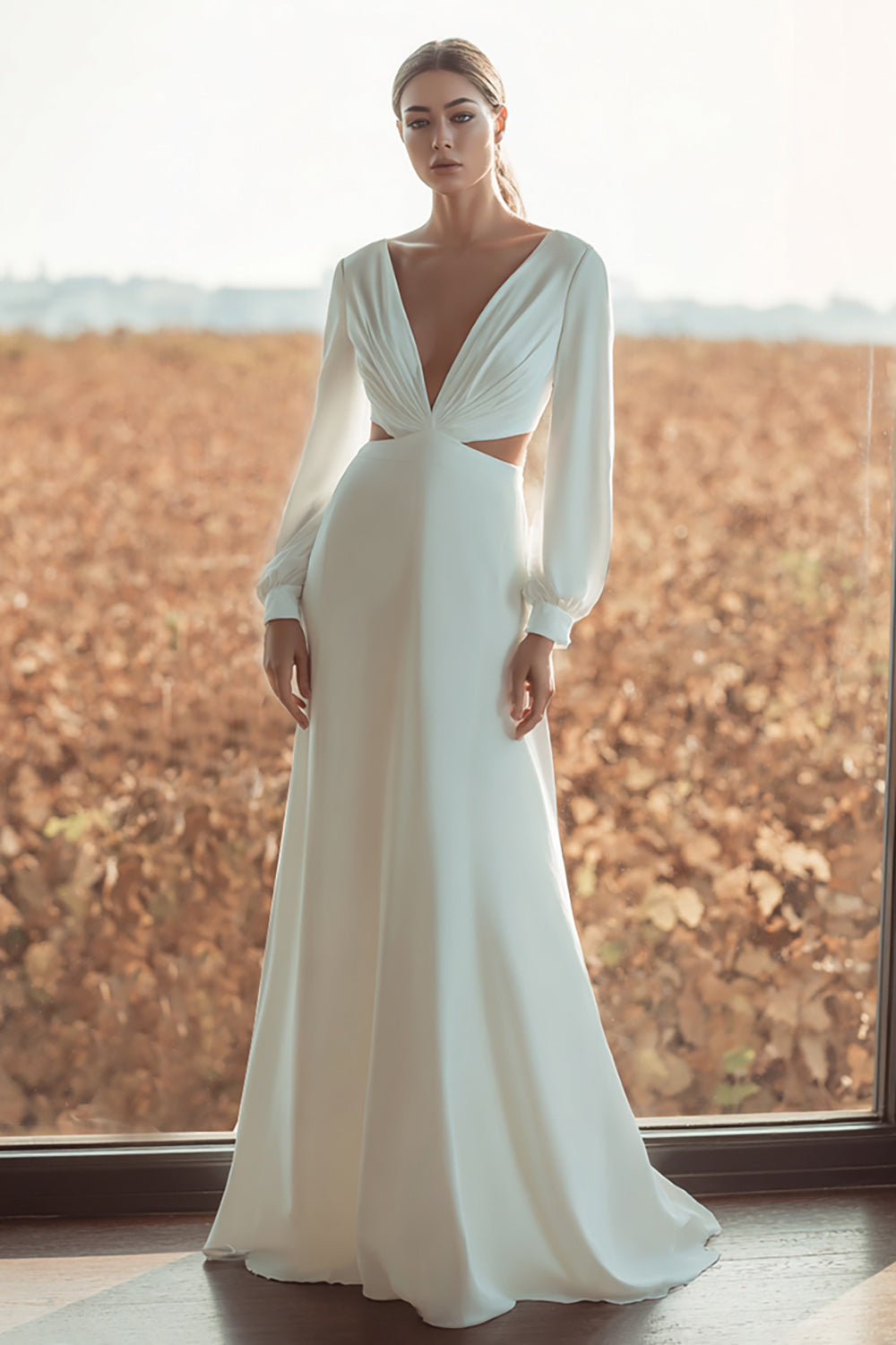 Ivory Sheath V-Neck Cut Out Long Sleeves Sweep Train Wedding Dress
