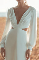 Load image into Gallery viewer, Ivory Sheath V-Neck Cut Out Long Sleeves Sweep Train Wedding Dress