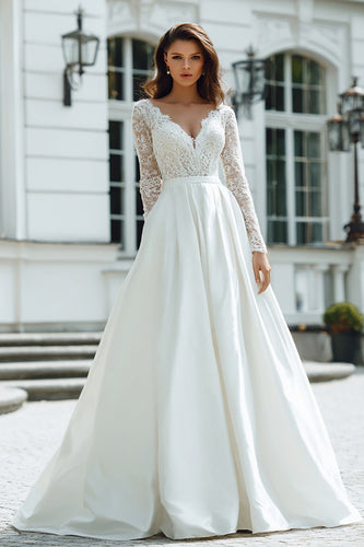 Ivory Satin A Line V-Neck Floor-Length Long Sleeves Wedding Dress with Lace