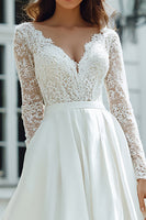 Load image into Gallery viewer, Ivory Satin A Line V-Neck Floor-Length Long Sleeves Wedding Dress with Lace