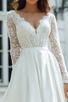 Ivory Satin A Line V-Neck Floor-Length Long Sleeves Wedding Dress with Lace