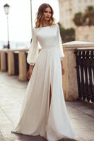 Load image into Gallery viewer, Ivory A Line Bateau Neck Long Sleeves Sweep Train Wedding Dress with Lace