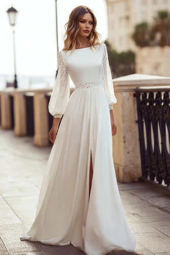 Ivory A Line Bateau Neck Long Sleeves Sweep Train Wedding Dress with Lace