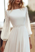 Load image into Gallery viewer, Ivory A Line Bateau Neck Long Sleeves Sweep Train Wedding Dress with Lace