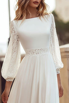 Ivory A Line Bateau Neck Long Sleeves Sweep Train Wedding Dress with Lace