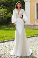 Load image into Gallery viewer, Sparkly Ivory Satin Sheath Sweep Train Wedding Dress with Sleeves