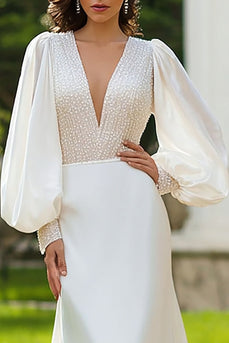 Sparkly Ivory Satin Sheath Sweep Train Wedding Dress with Sleeves