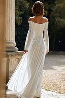 Load image into Gallery viewer, Ivory Sheath Off The Shoulder Long Sleeves Sweep Train Wedding Dress