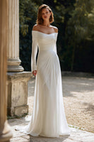 Load image into Gallery viewer, Ivory Sheath Off The Shoulder Long Sleeves Sweep Train Wedding Dress
