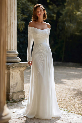 Ivory Sheath Off The Shoulder Long Sleeves Sweep Train Wedding Dress