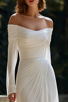 Load image into Gallery viewer, Ivory Sheath Off The Shoulder Long Sleeves Sweep Train Wedding Dress