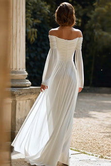 Ivory Sheath Off The Shoulder Long Sleeves Sweep Train Wedding Dress
