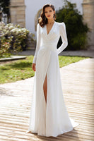 Load image into Gallery viewer, Ivory Chiffon Sheath V-Neck Long Sleeves Wedding Dress with Slit