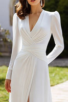 Load image into Gallery viewer, Ivory Chiffon Sheath V-Neck Long Sleeves Wedding Dress with Slit