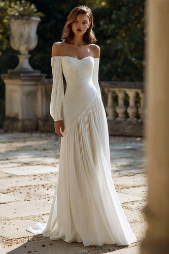 Queendancer Women Ivory Chiffon Sweep Train Wedding Dress with Sleeves Pleated Off the Shoulder Sheath Long Bridal Dress