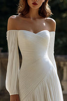 Load image into Gallery viewer, Ivory Chiffon Pleated Off the Shoulder Sweep Train Wedding Dress with Sleeves