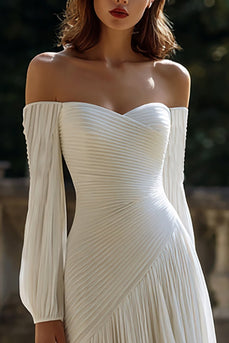 Ivory Chiffon Pleated Off the Shoulder Sweep Train Wedding Dress with Sleeves