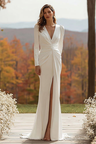 Ivory Sheath V-Neck Ruched Long Sleeves Wedding Dress with Slit