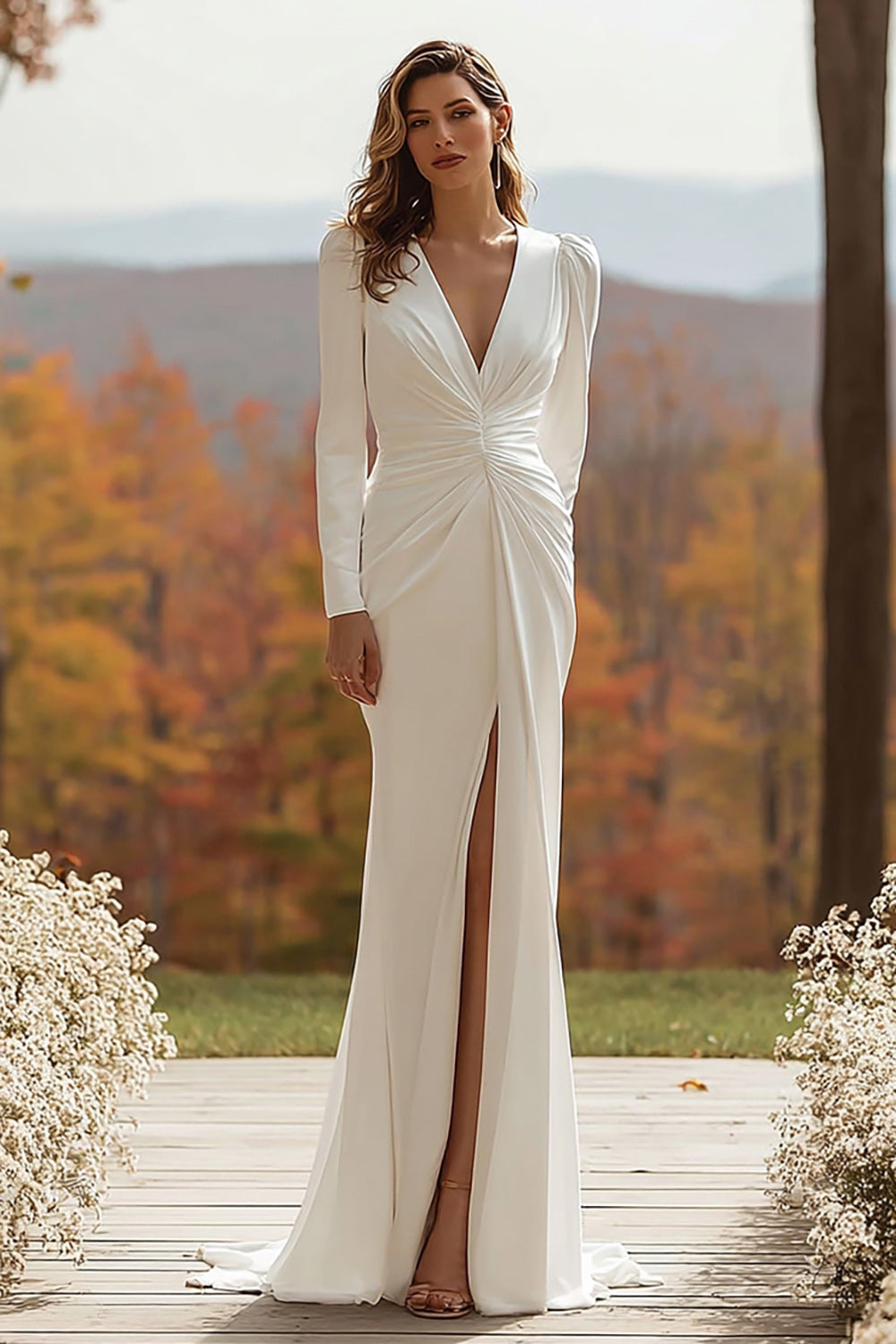 Ivory Sheath V-Neck Ruched Long Sleeves Wedding Dress with Slit