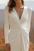 Load image into Gallery viewer, Ivory Sheath V-Neck Ruched Long Sleeves Wedding Dress with Slit