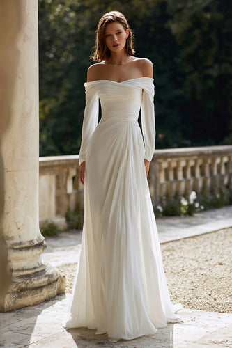 Ivory Sheath Off the Shoulder Sweep Train Wedding Dress with Sleeves