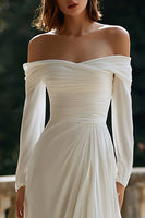 Load image into Gallery viewer, Ivory Sheath Off the Shoulder Sweep Train Wedding Dress with Sleeves