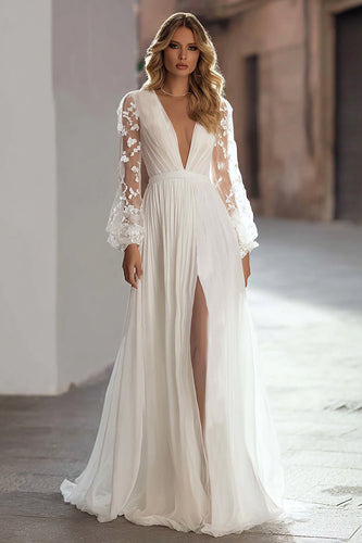 Ivory Chiffon A Line V-Neck Sweep Train Pleated Wedding Dress with Slit