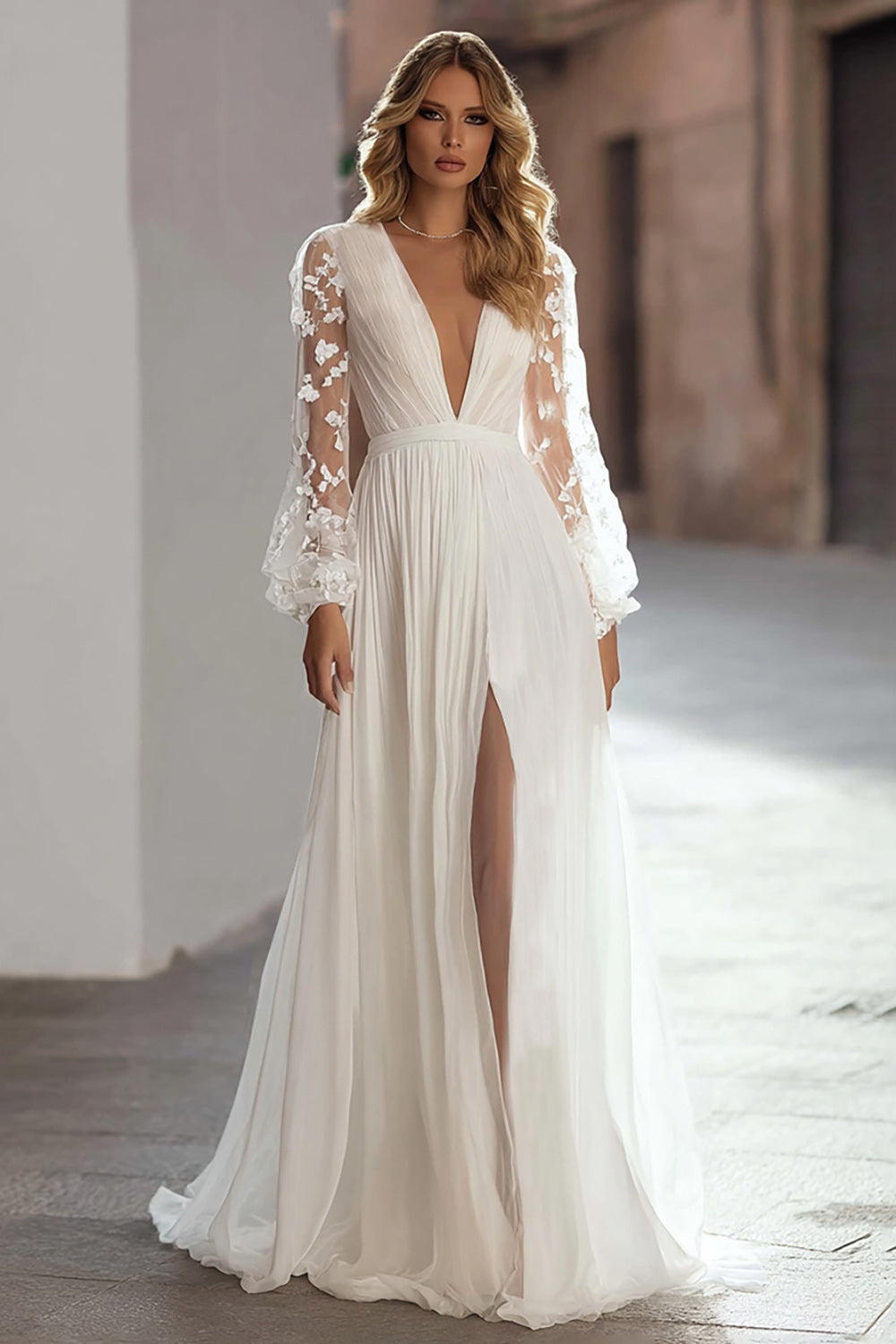 Ivory Chiffon A Line V-Neck Sweep Train Pleated Wedding Dress with Slit