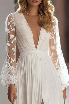 Ivory Chiffon A Line V-Neck Sweep Train Pleated Wedding Dress with Slit