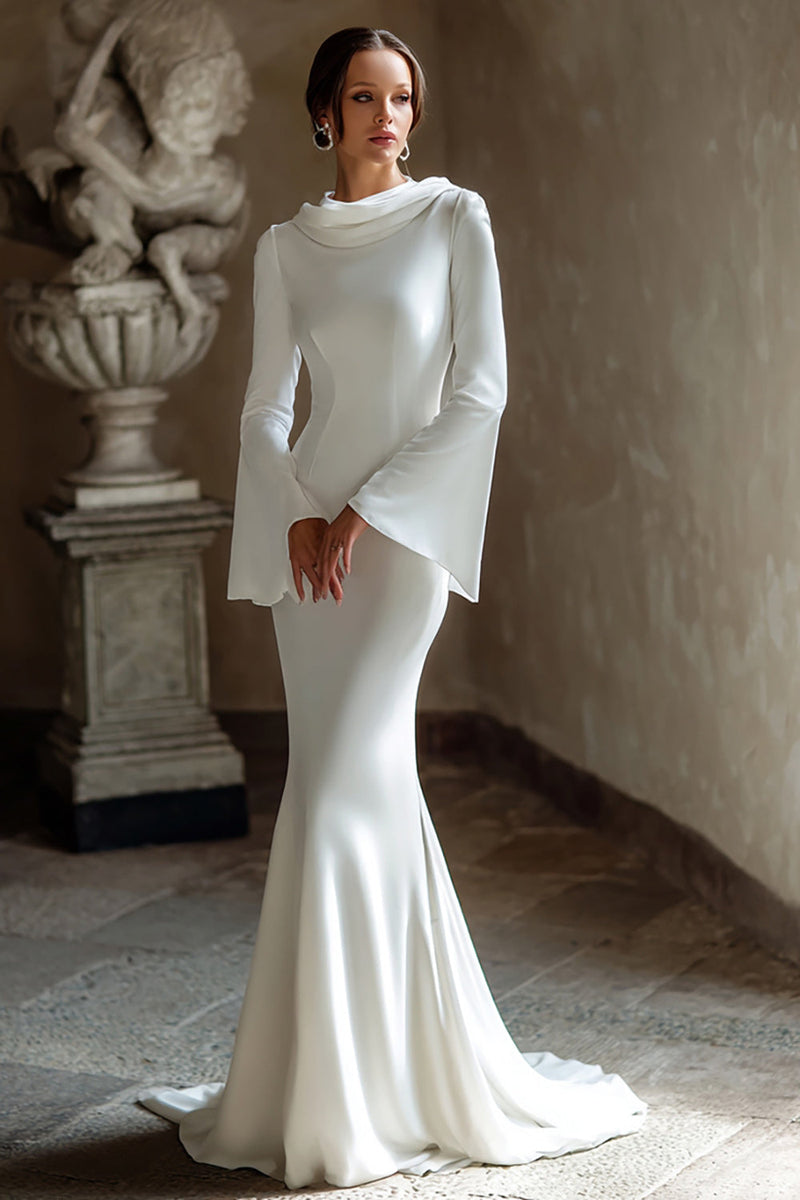 Load image into Gallery viewer, Ivory Mermaid Sweep Train Cowl Neck Vintage Wedding Dress with Sleeves