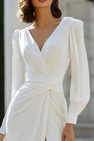 Load image into Gallery viewer, Ivory Sheath Chiffon Ruched V-Neck Floor-Length Wedding Dress with Slit
