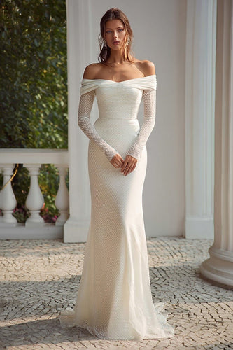 Ivory Mermaid Off the Shoulder Long Sleeves Wedding Dress
